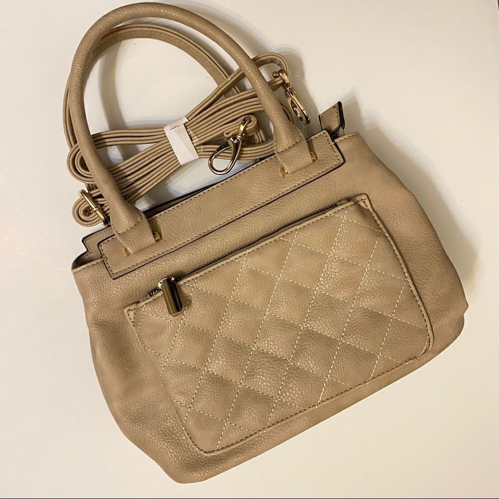 Tan beige quilted faux leather tote shoulder crossbody bag purse 7.5x10.5x4.5